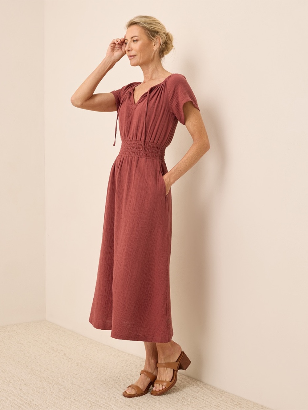 ‼️NWOT: Pact Organic Burnt Orange Coastal Double Gauze Tie Front Maxi Dress - XL